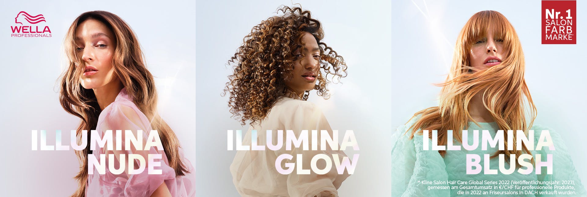 Three glamorous models showcasing their breathtaking looks with the incredible results of Illumina's natural hair color.